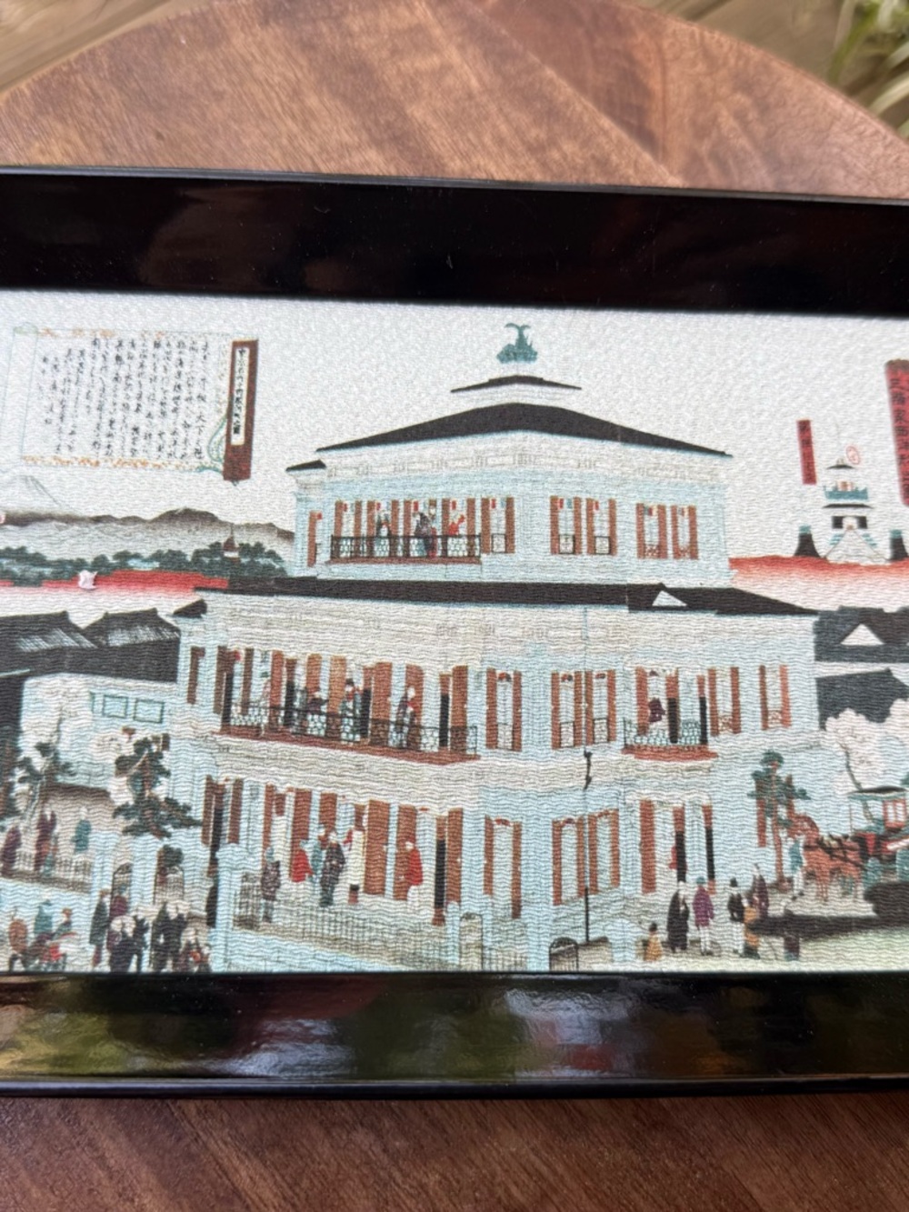 Framed Vintage-style Japanese Building Print in Muted Reds and Creams